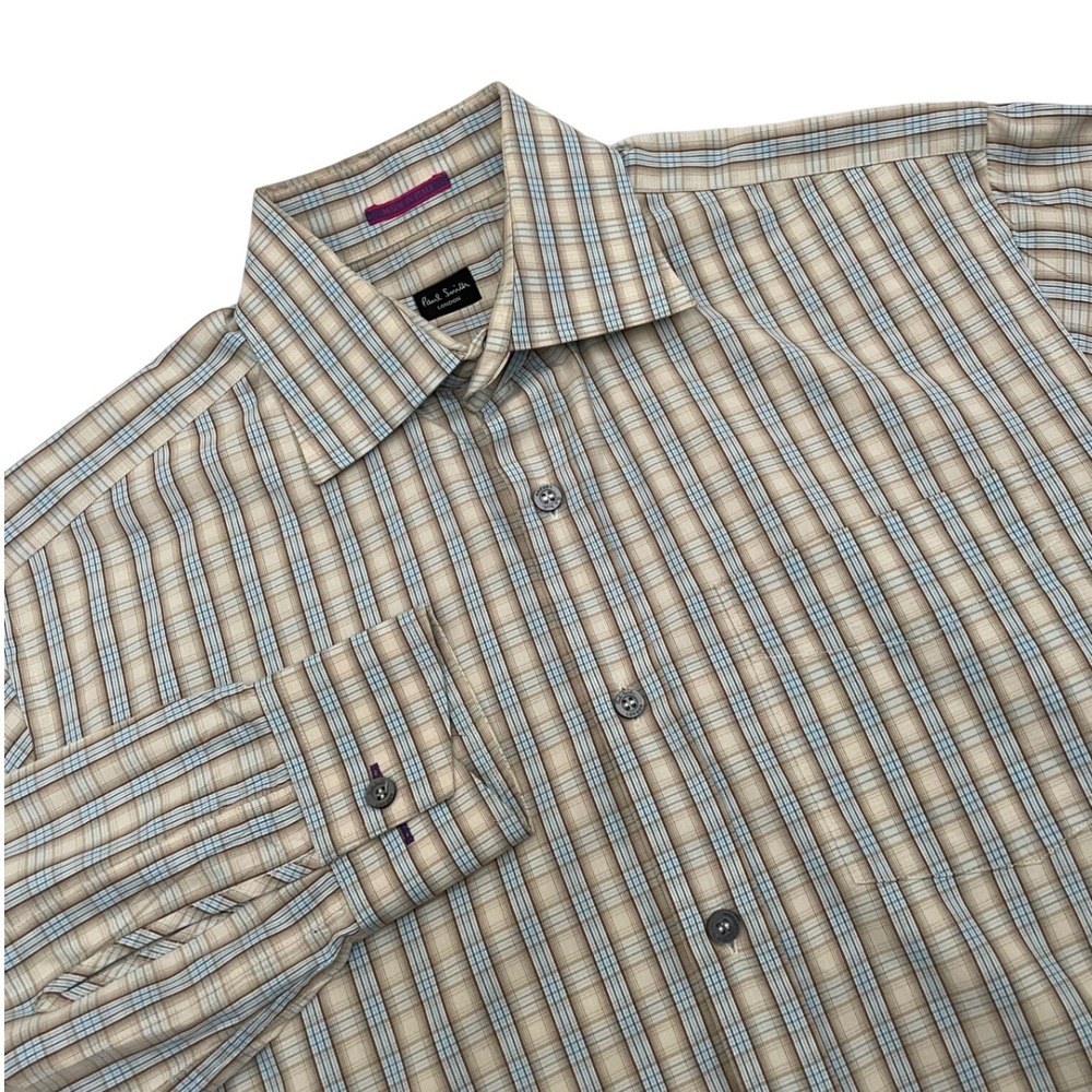 Paul Smith Button Up Shirt Mens 15.5 Tan Blue Plaid Long Sleeve Made in Italy